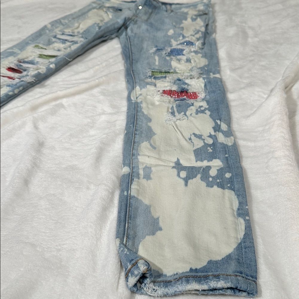 AMIRI Light Blue Distressed Acid Washed Denim Jeans with Bright Bling Patches! - Picture 3 of 7